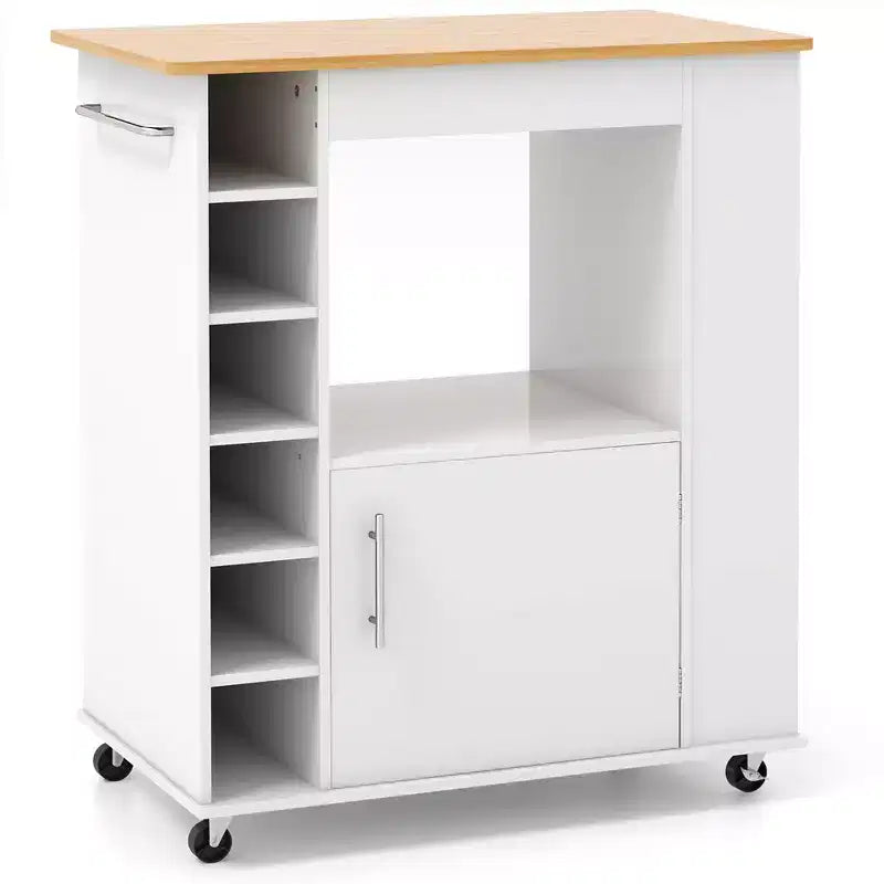 Desserte de cuisine roulante avec plateau en bambou, porte-bouteilles, porte-serviettes et porte-épices Blanc
