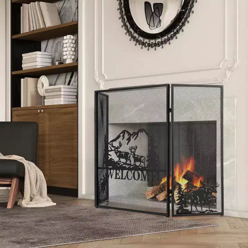52"x31" Pare-feu de cheminée à 3 panneaux anti-étincelles motif Élan