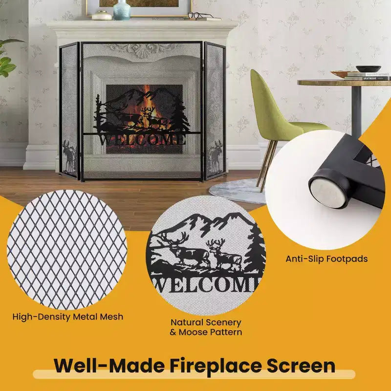 52"x31" Pare-feu de cheminée à 3 panneaux anti-étincelles motif Élan