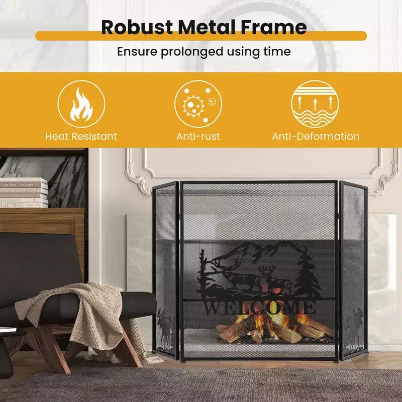 52"x31" Pare-feu de cheminée à 3 panneaux anti-étincelles motif Élan